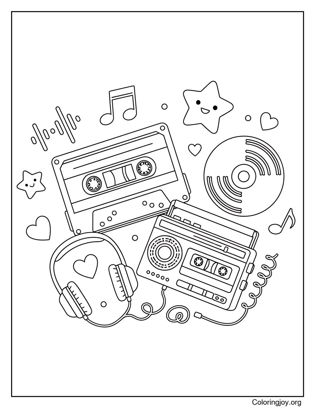 Cassette tapes and CDs coloring page
