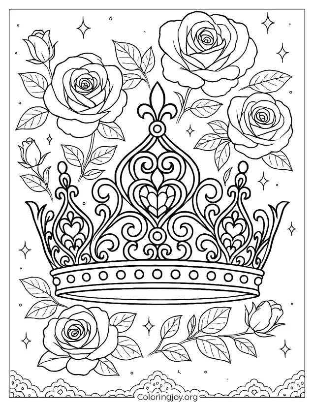 Página para colorear elegante corona de princesa con gema de corazón y rosas