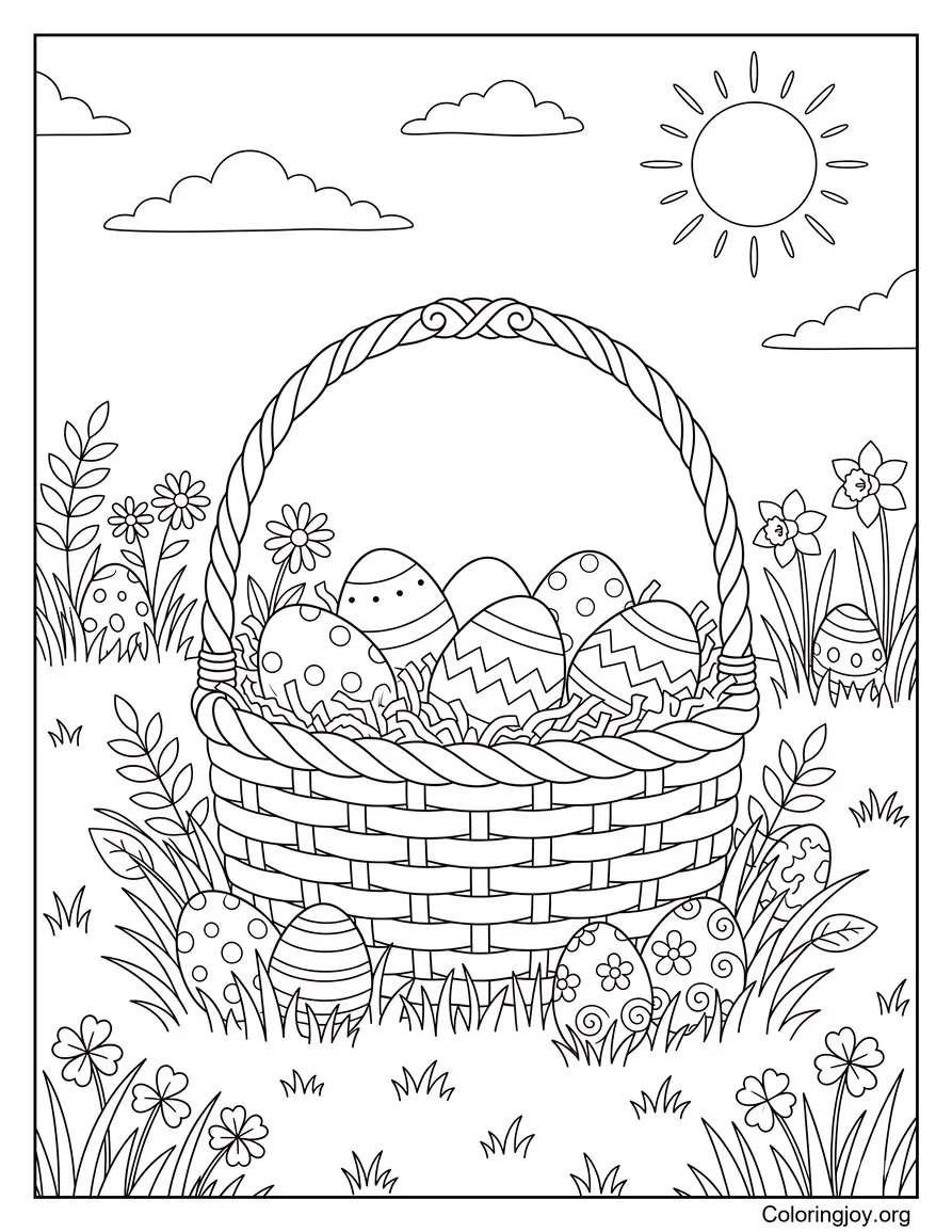 Basket on grass with hidden eggs around.