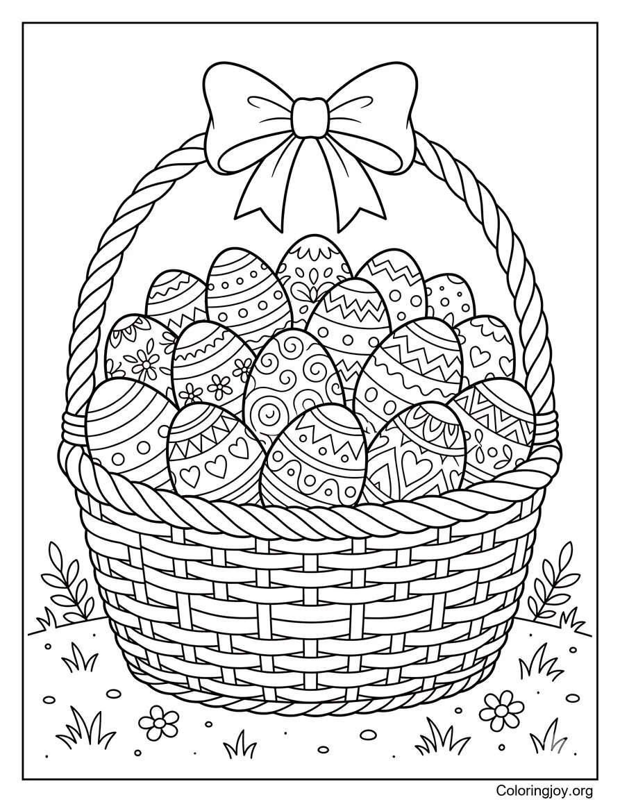 Basket full of patterned eggs (stripes, dots, zigzags).