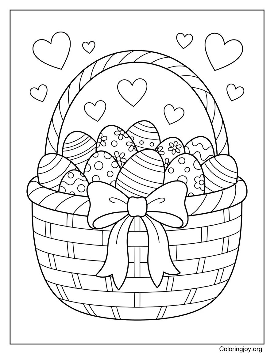 Basket with a ribbon bow and floating hearts.
