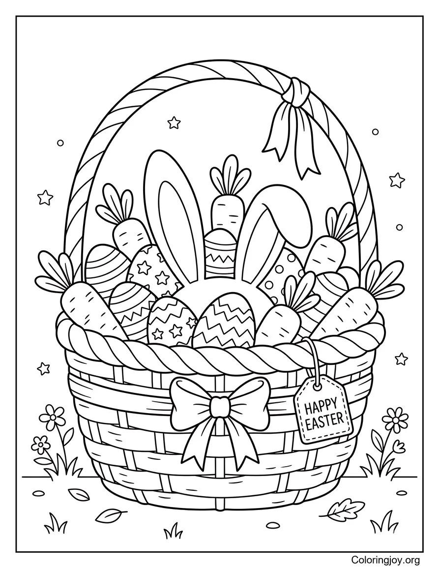Basket with carrots, eggs, and bunny ears on top.