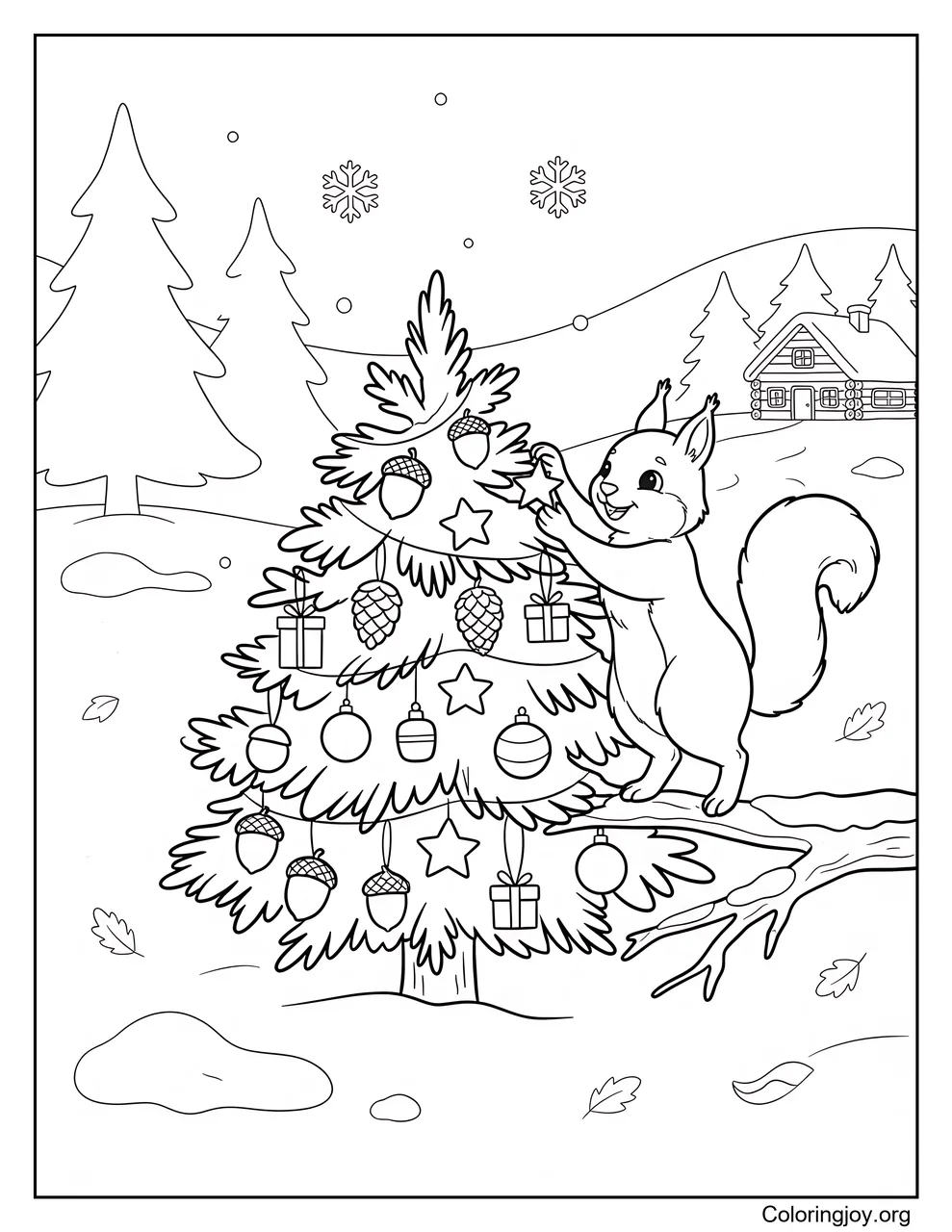 Squirrel Decorating a Forest Christmas Tree