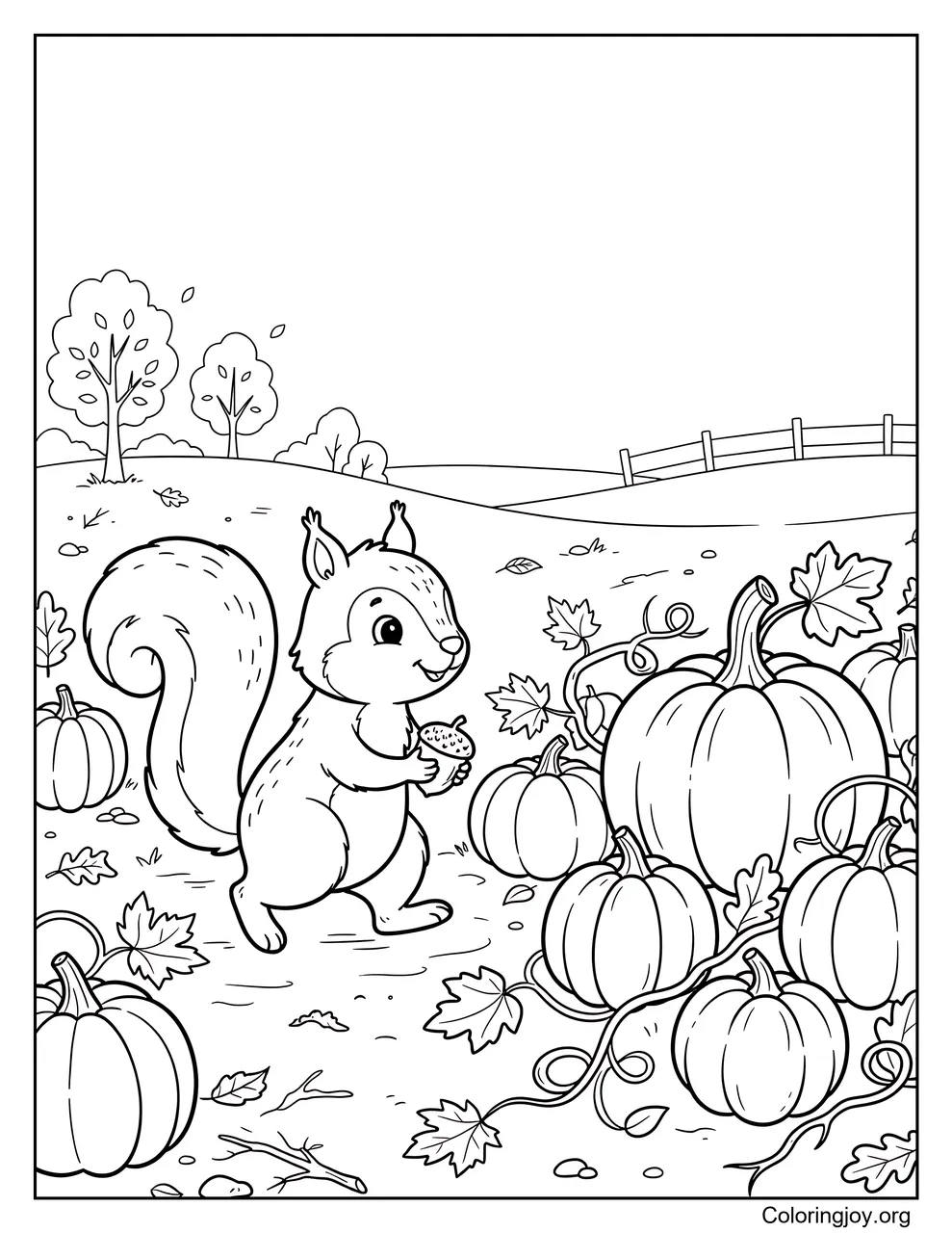 Among rows of pumpkins, a curious squirrel explores the patch.