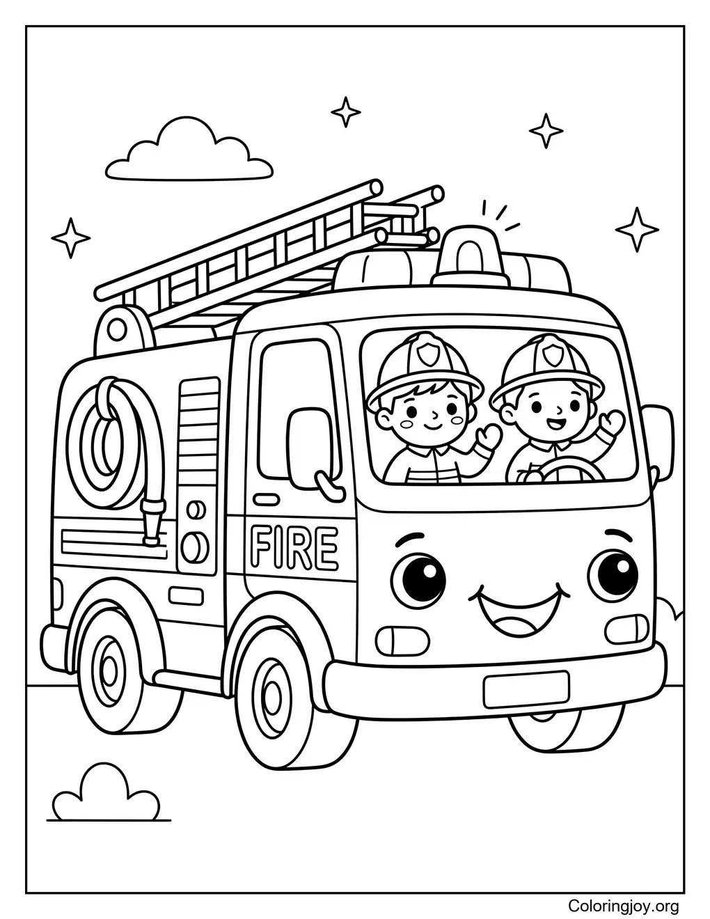 Coloriage de camion de pompier de dessin animé mignon