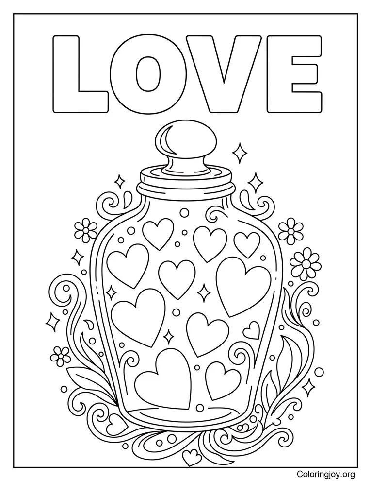 Página para colorear de corazones en un frasco