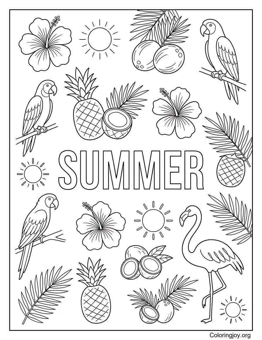 Doodle de verano tropical imprimible página para colorear