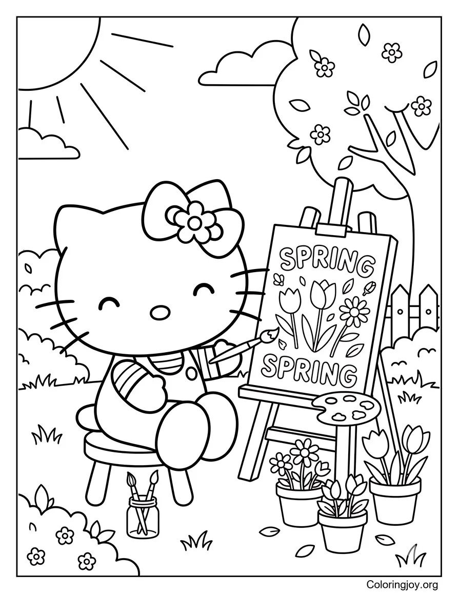 Hello Kitty Sentado con un conejito página para colorear