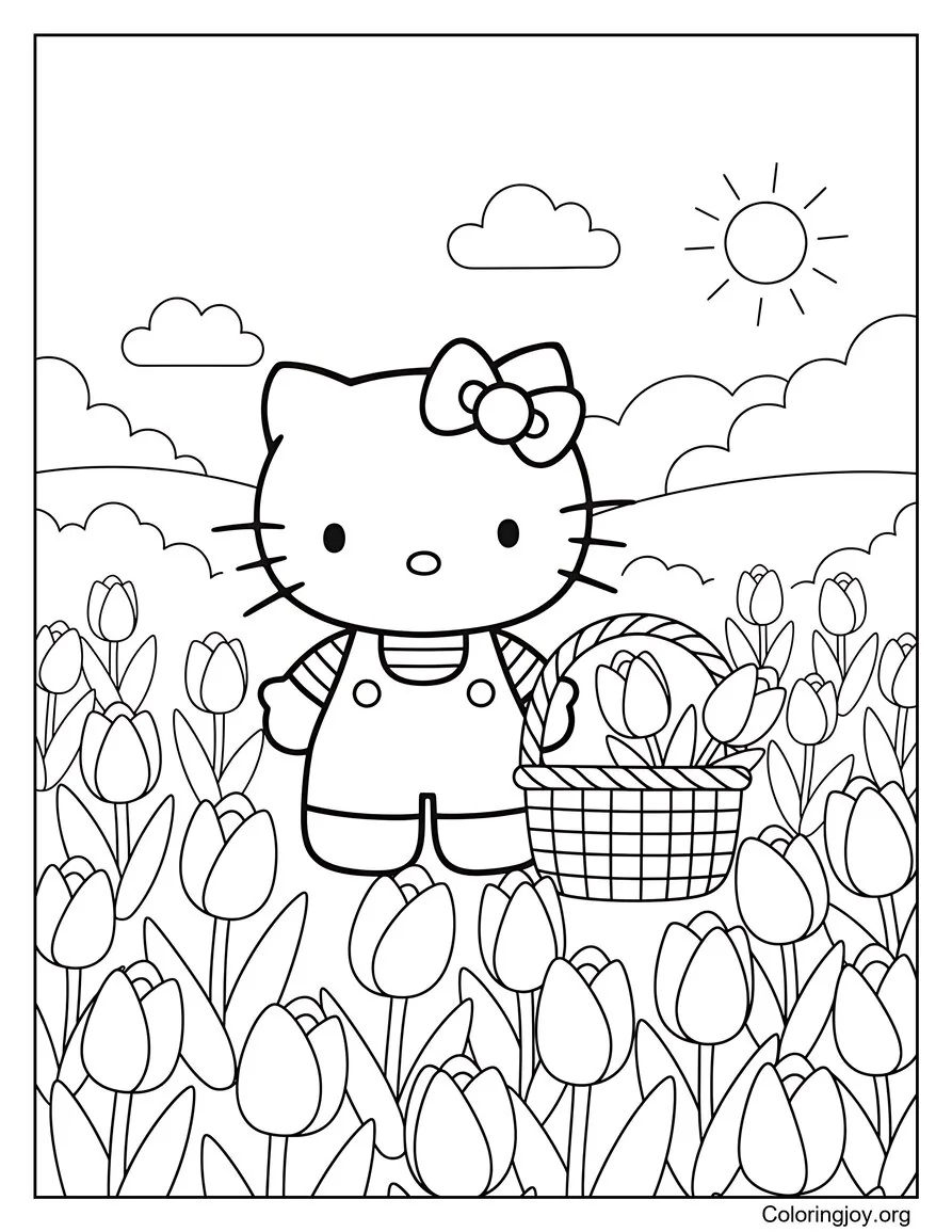 Saluda a la primavera con Hello Kitty página para colorear