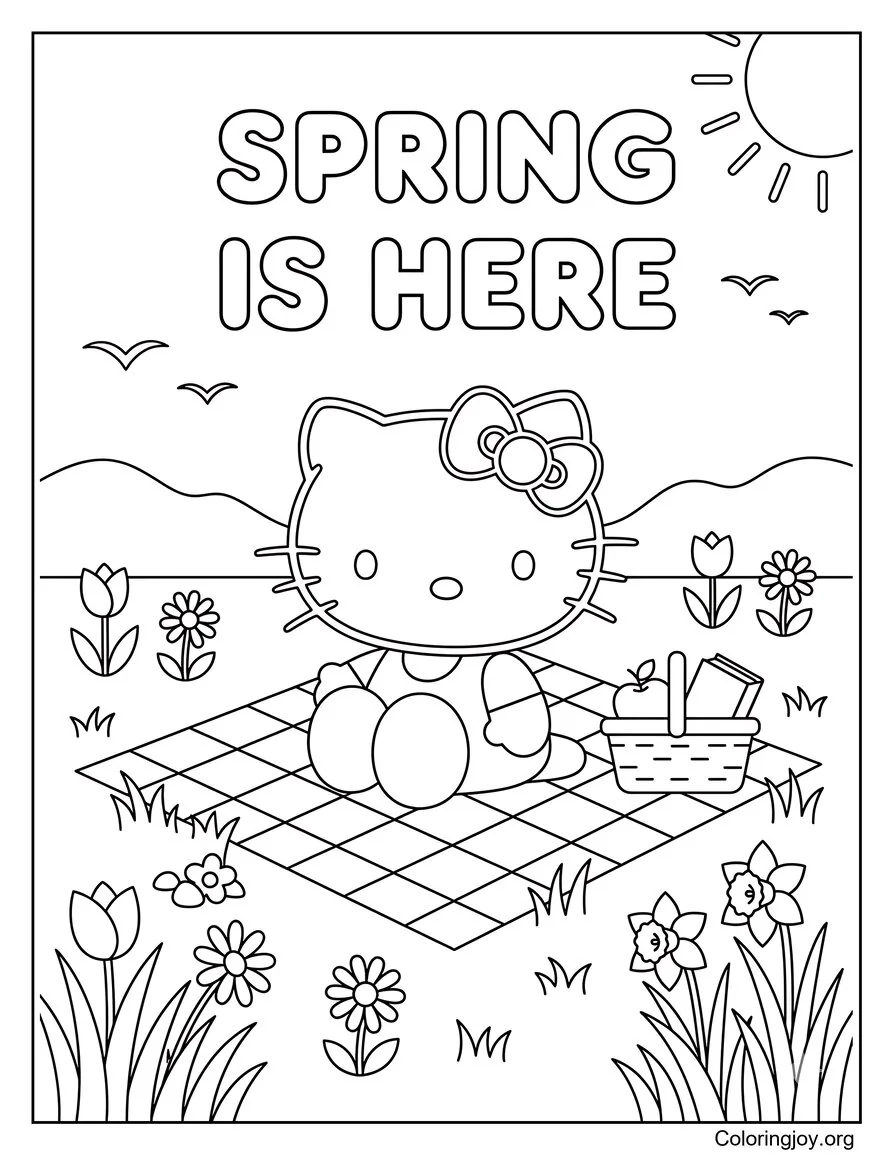 Observando mariposas con Hello Kitty en Spring Garden página para colorear