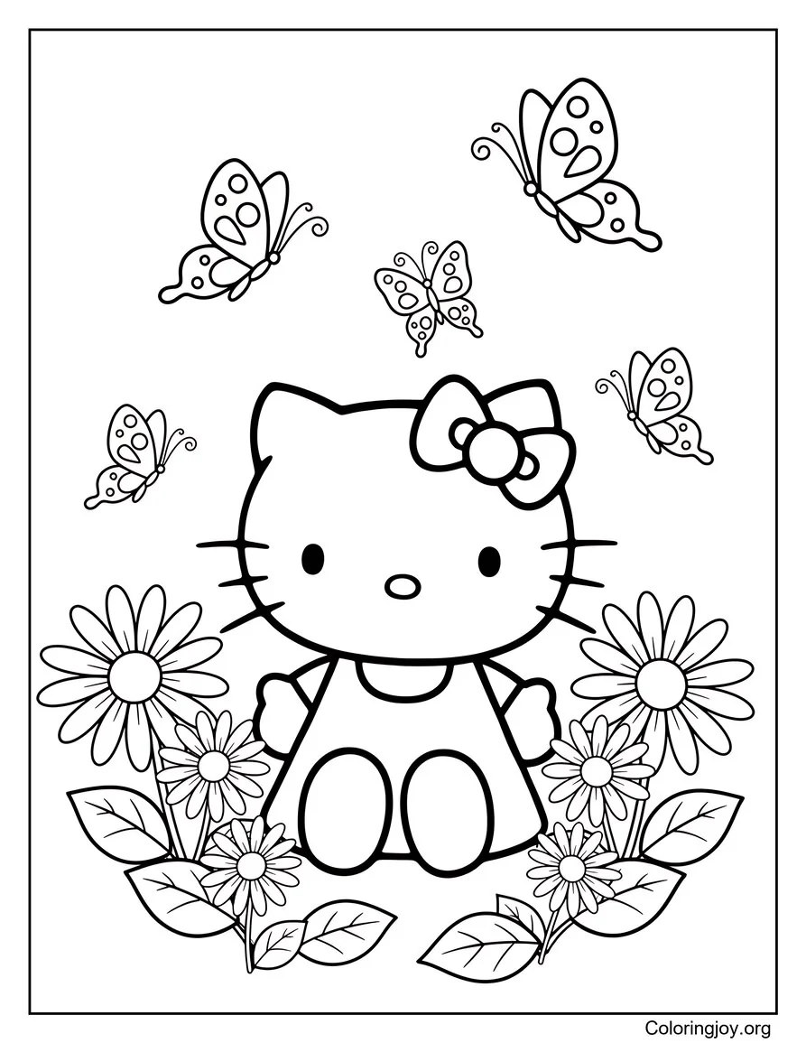 Hello Kitty Pintando flores de primavera página para colorear