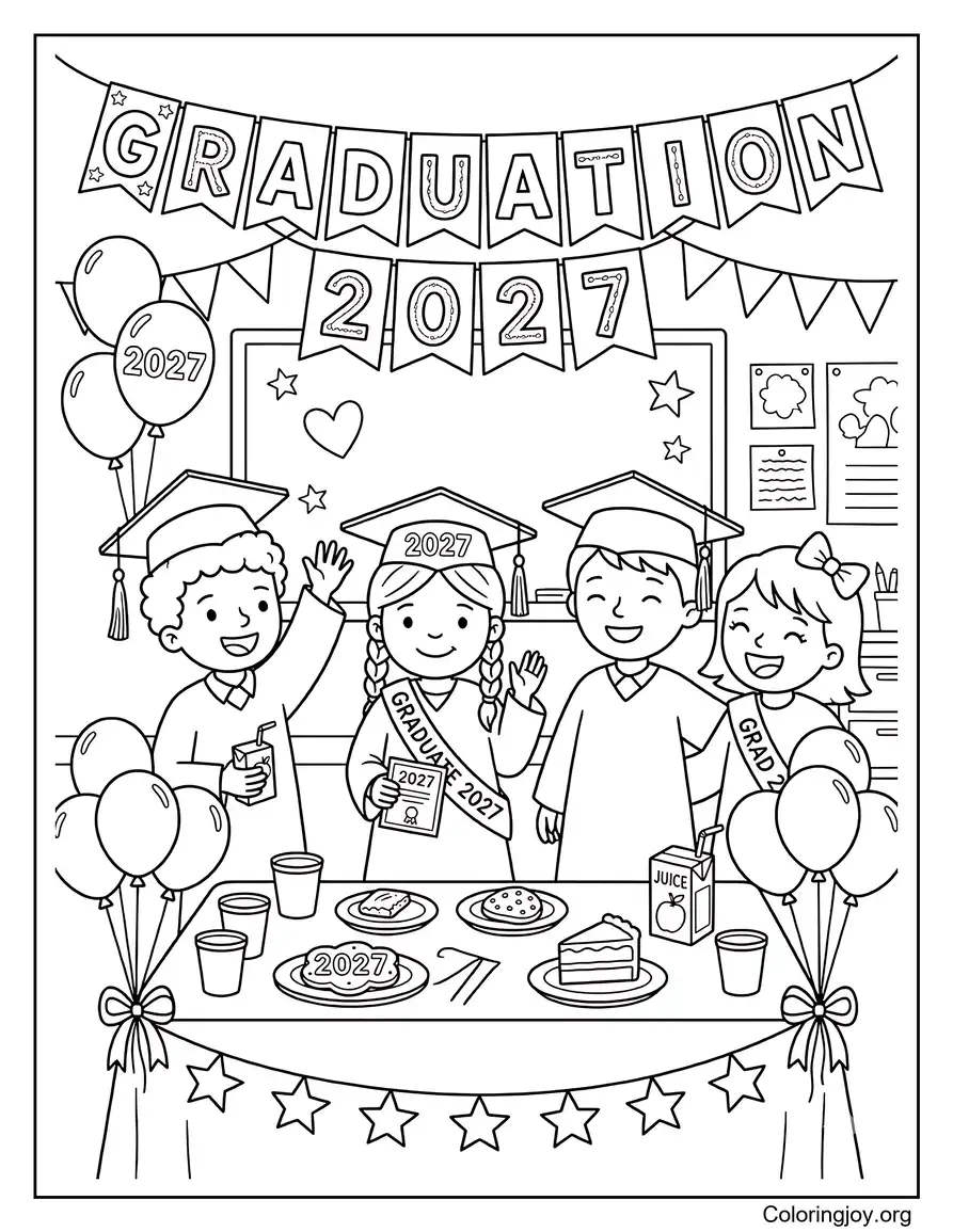 Classroom Graduation Party With Snacks And Decorations coloring page