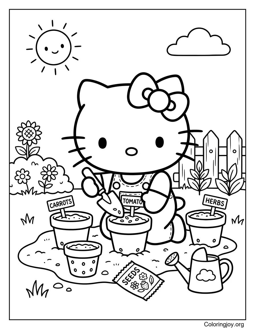 Hello Kitty Plantar semillas en macetas de jardín página para colorear