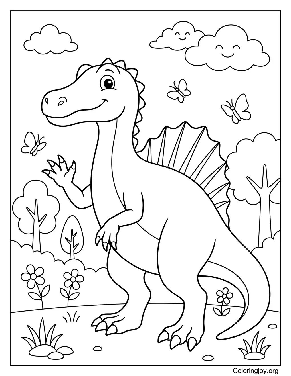 Freundliche Spinosaurus-Dinosaurier-Malseite für Kinder