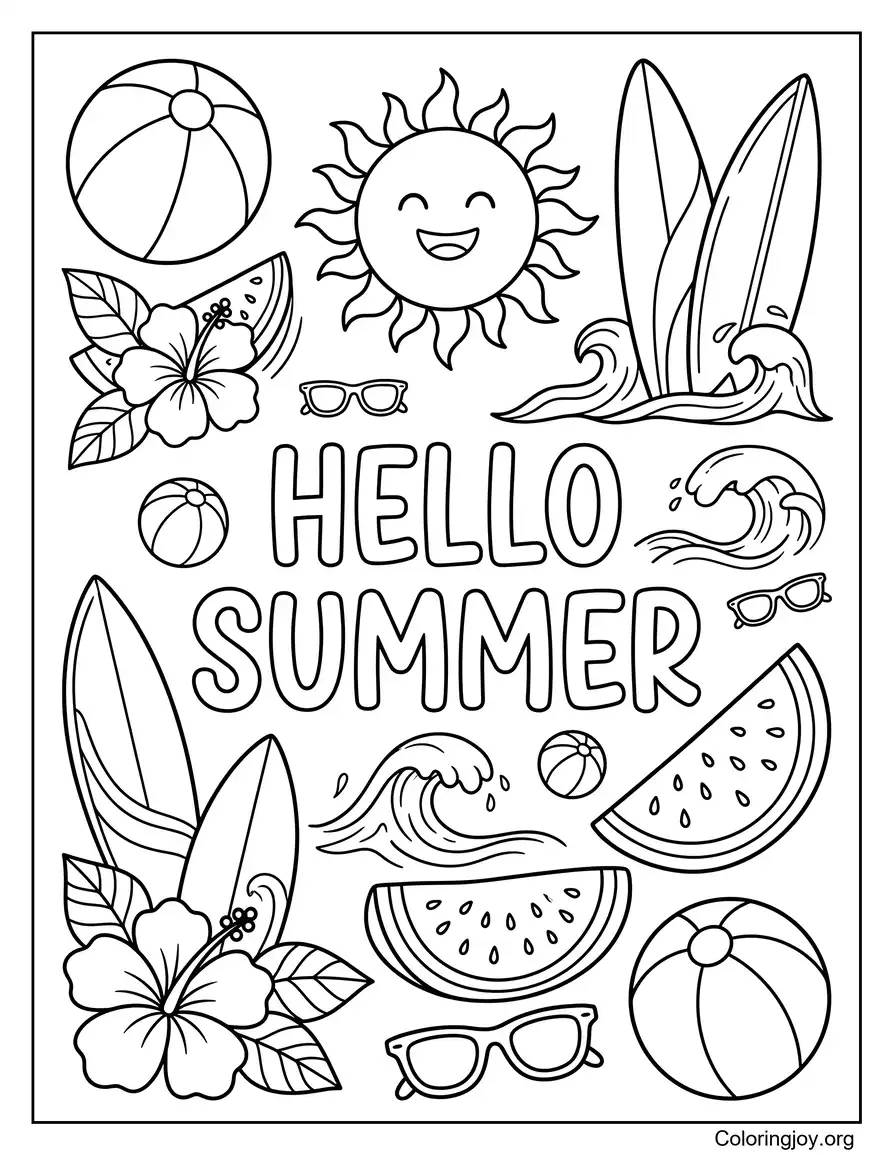 Hola Verano Doodle Imprimibles página para colorear