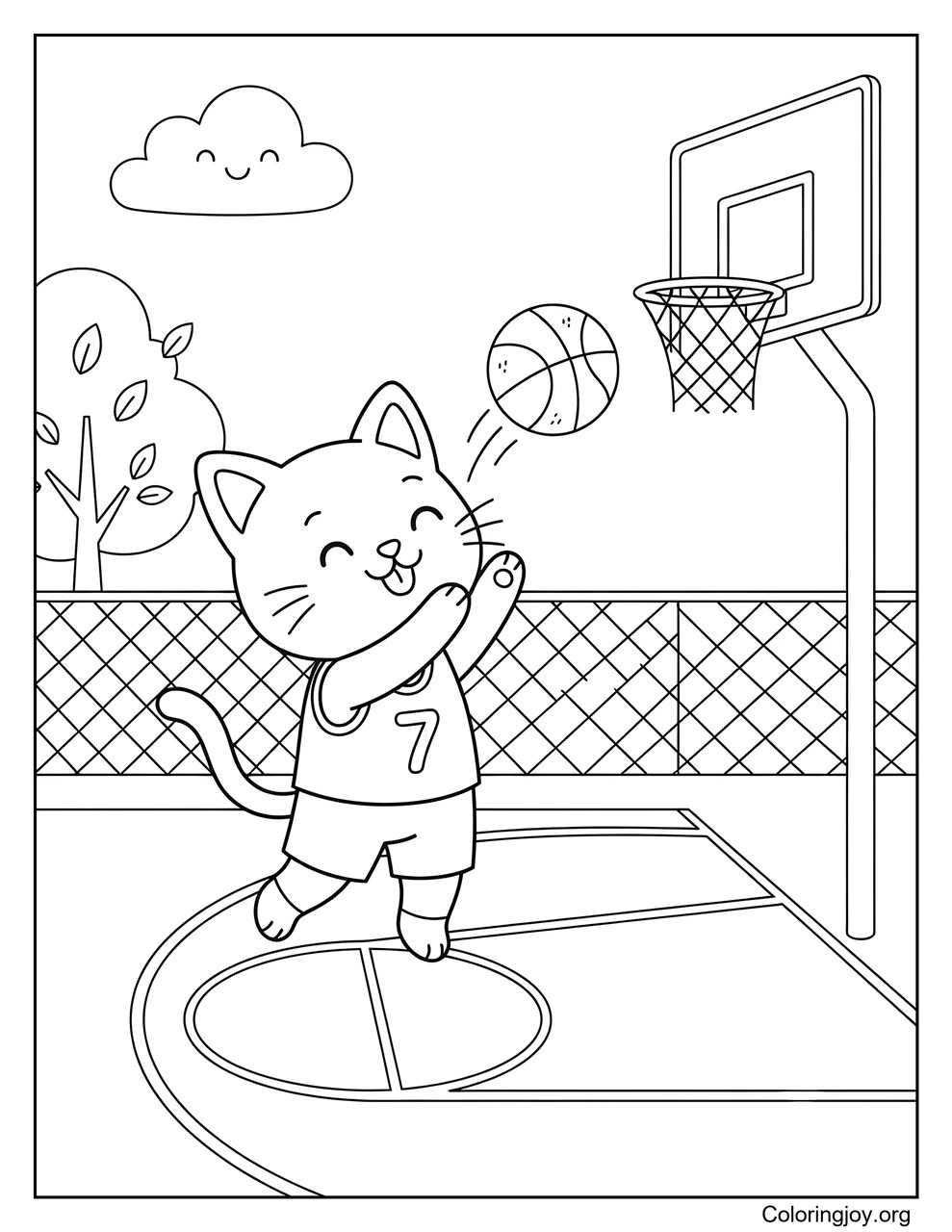 A happy cat shoots a basketball into the hoop.