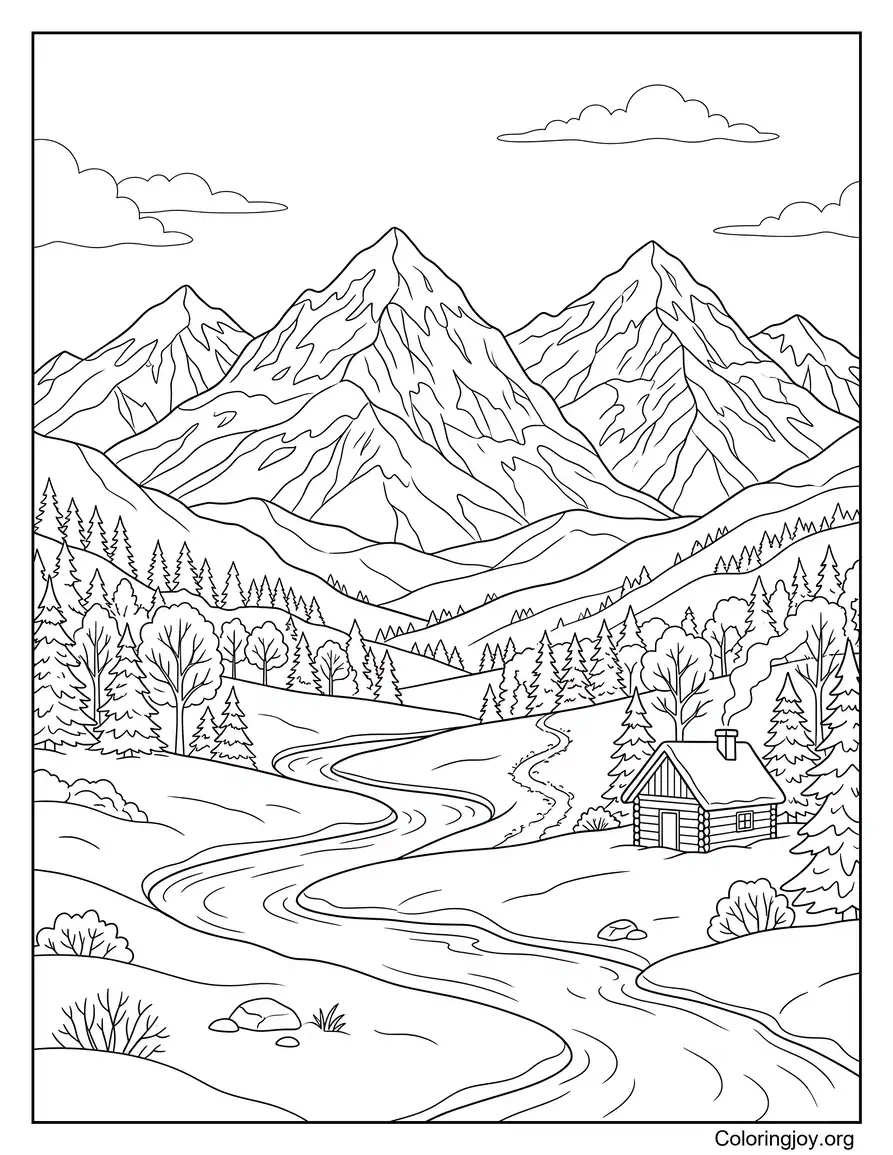Snowy Mountain Landscape coloring page