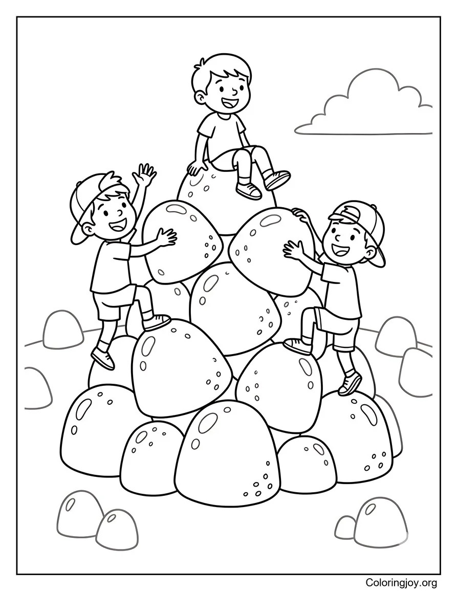 Niños escalando una colina gigante de caramelos de goma página para colorear