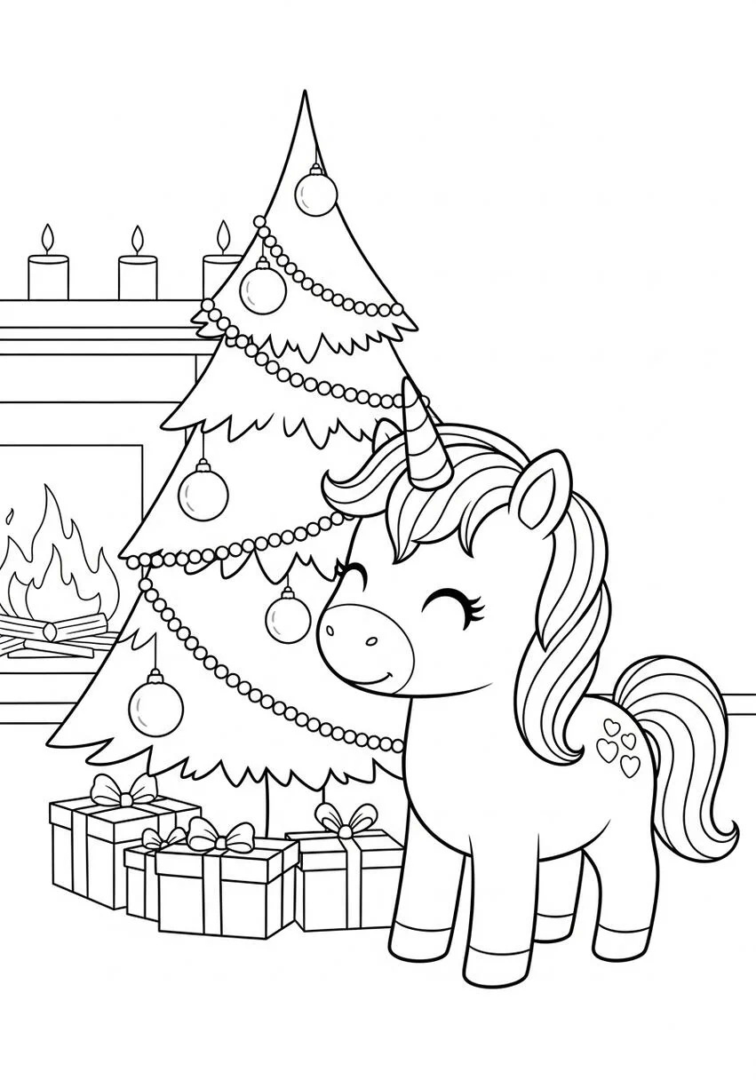 Unicorn Christmas Tree Coloring Page .