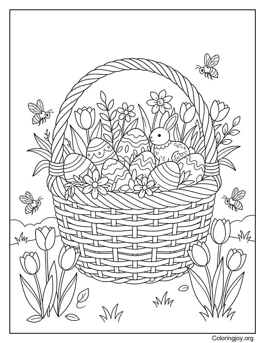Basket in a tulip garden with small bees around.