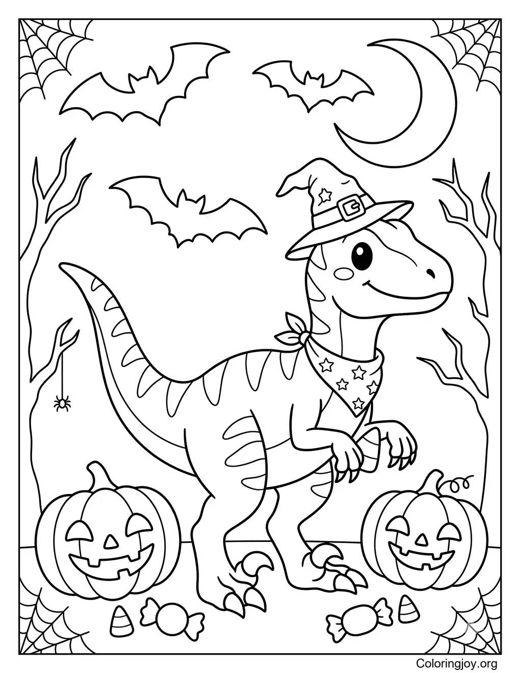 Halloween Velociraptor With Pumpkins And Bats coloring page