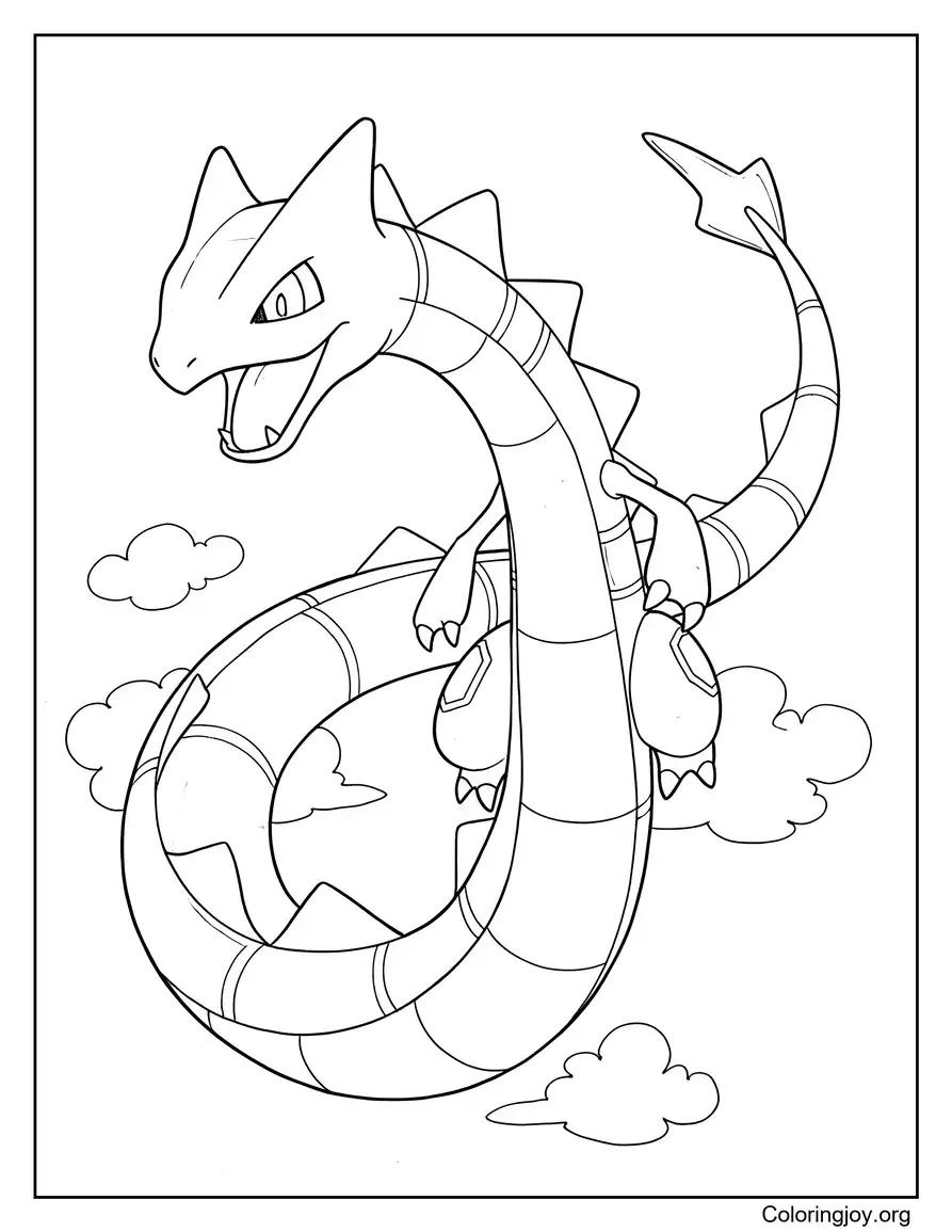 Rayquaza volando en las nubes para colorear página para colorear
