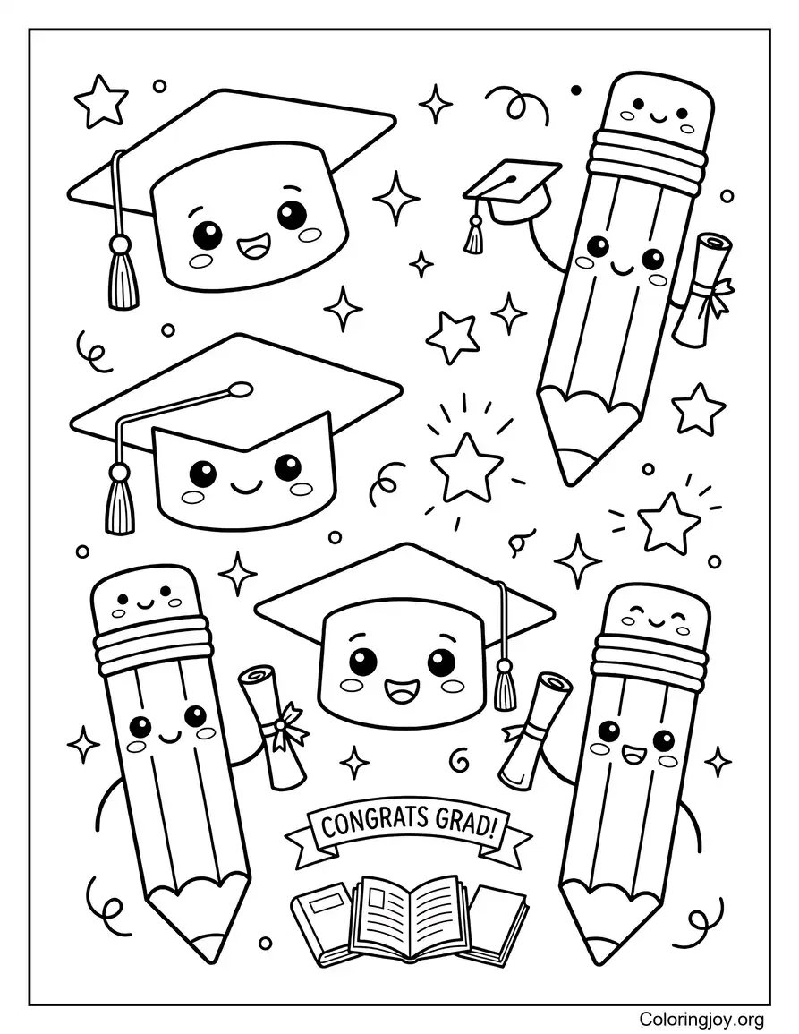 Cute Kawaii Graduation Caps And Smiling Pencils coloring page