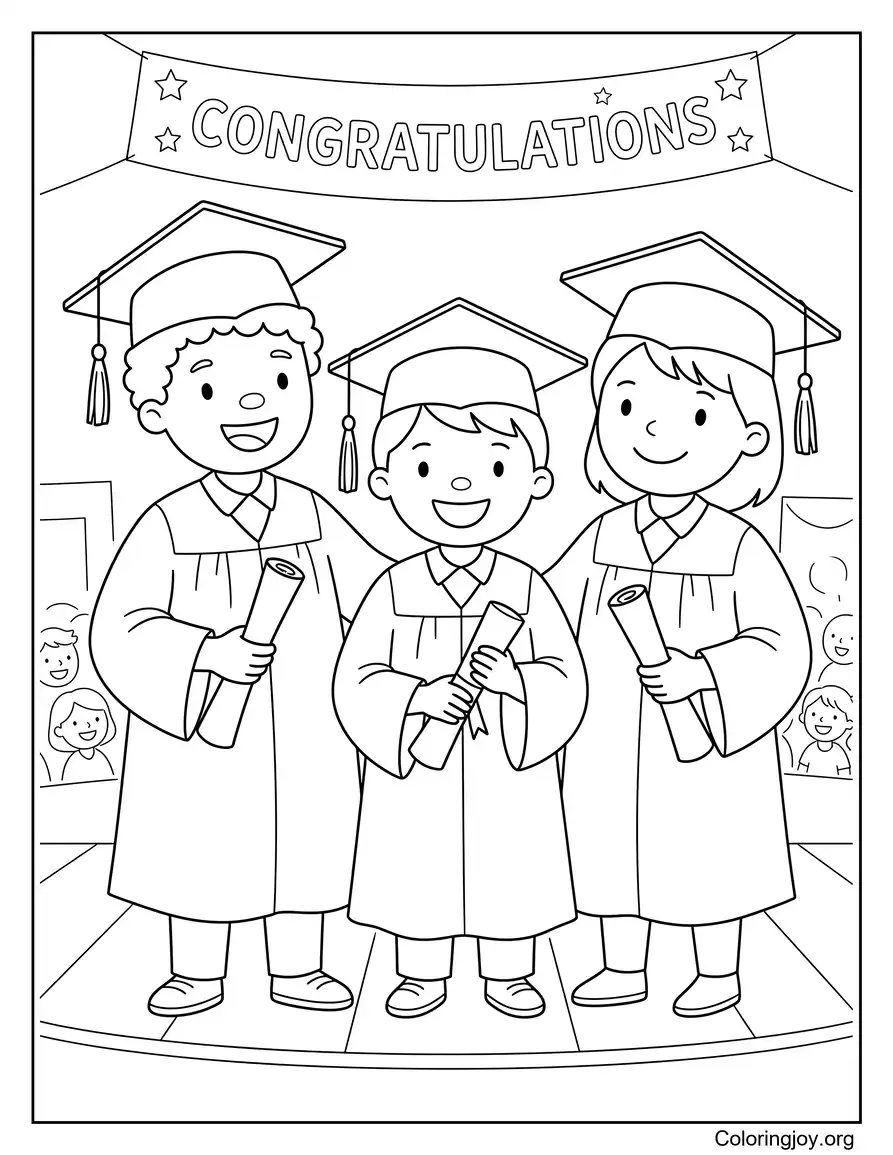 Elementary School Graduation Ceremony With Three Kids coloring page