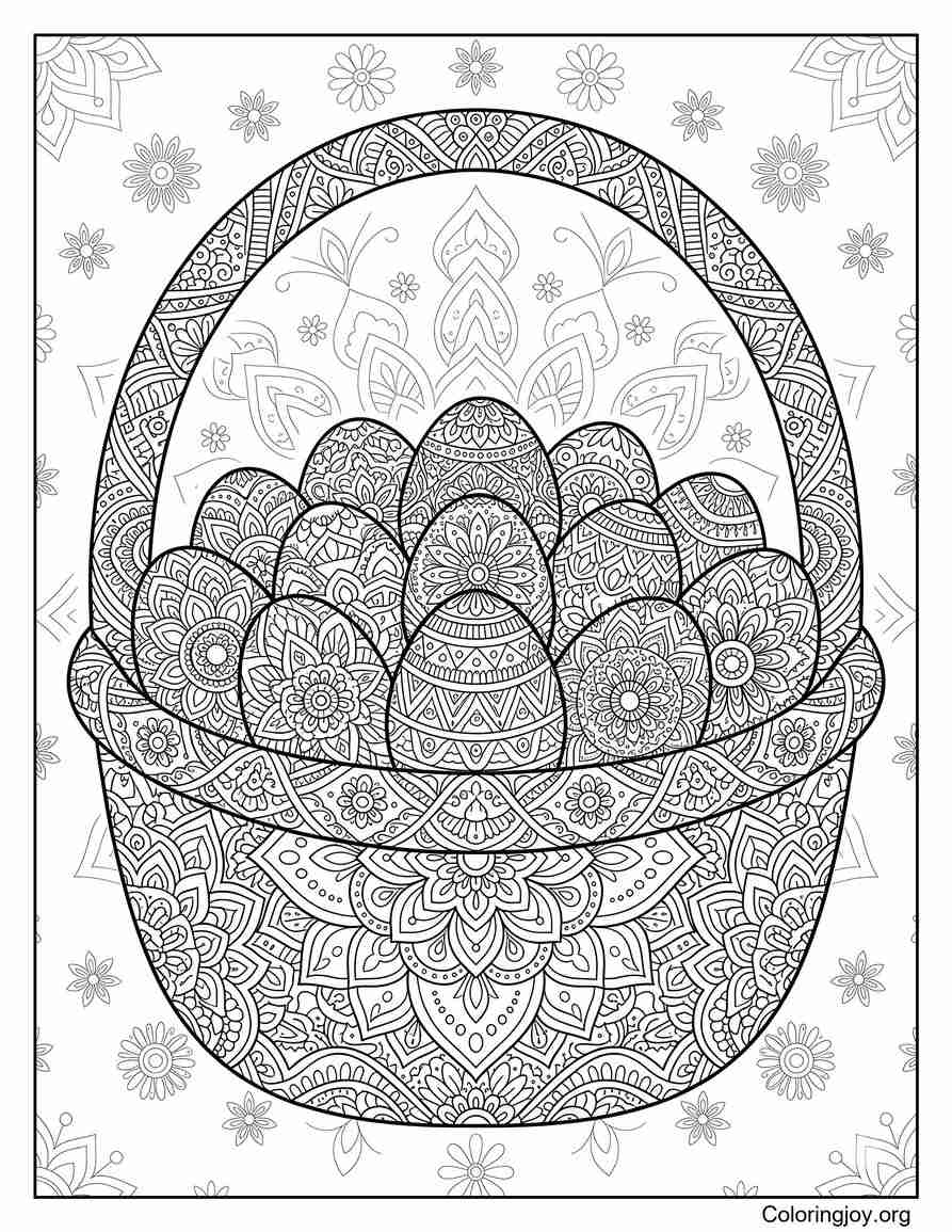 Mandala basket with detailed egg patterns.