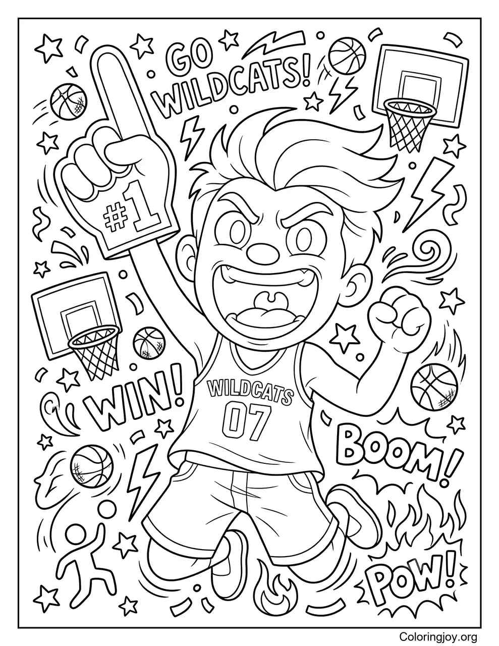 A basketball fan cheers from the stands.