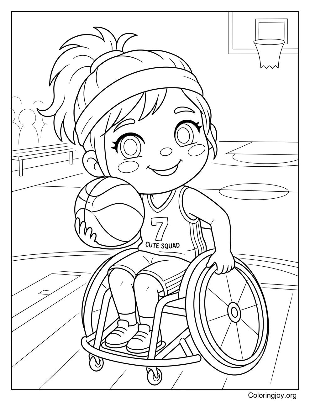 A wheelchair basketball player dribbles down the court.