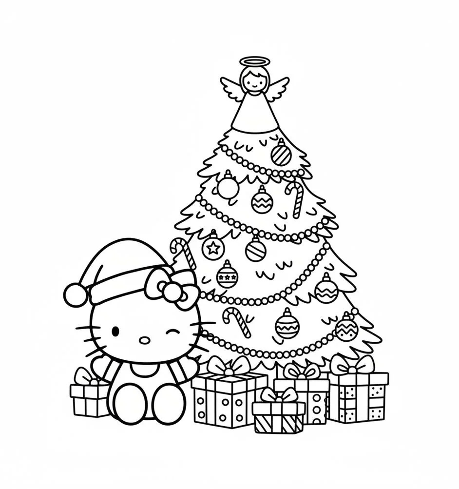 Hello Kitty kerstboom kleurplaat