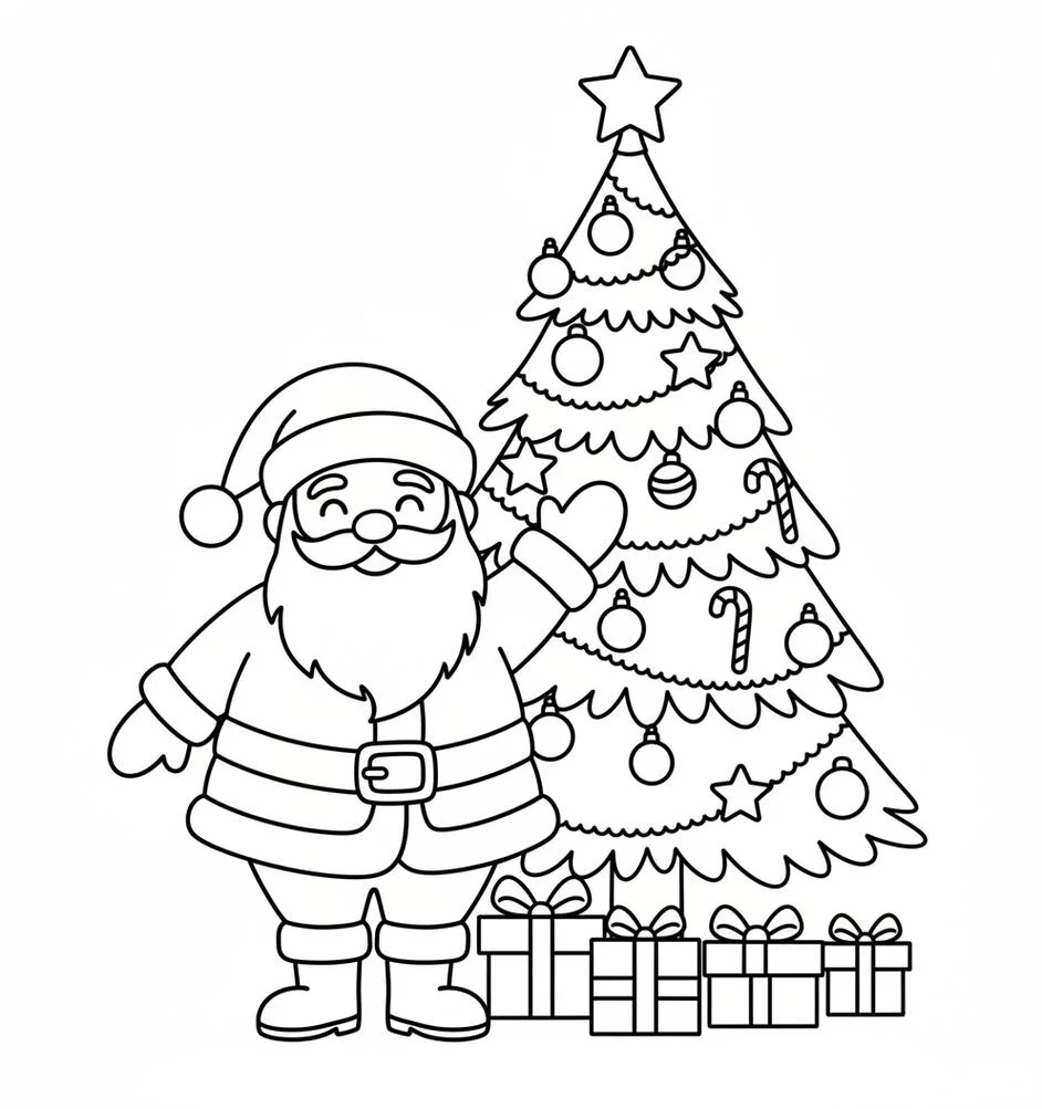 Kerstman en kerstboom kleurplaat