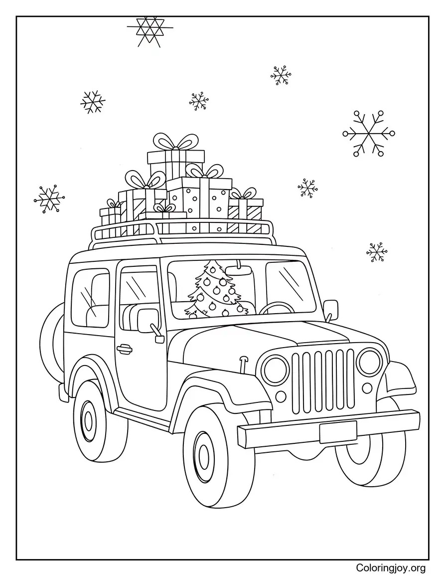 Christmas Jeep with Gifts and Snow coloring page