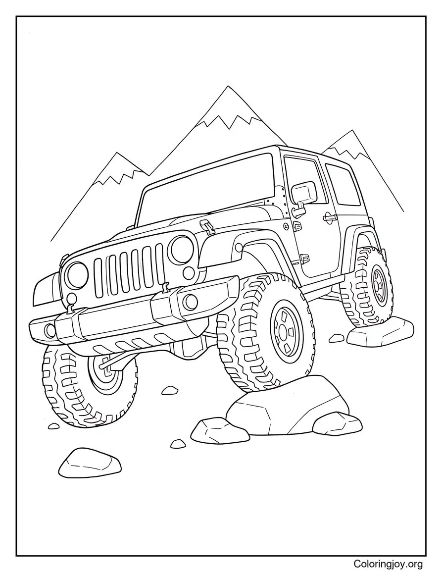 Jeep Rubicon Climbing Over Rocks coloring page