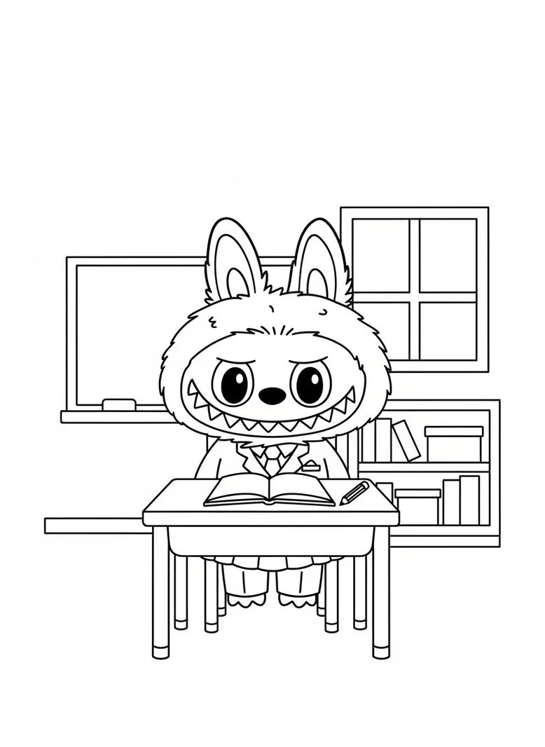 Labubu página para colorear de la escuela
