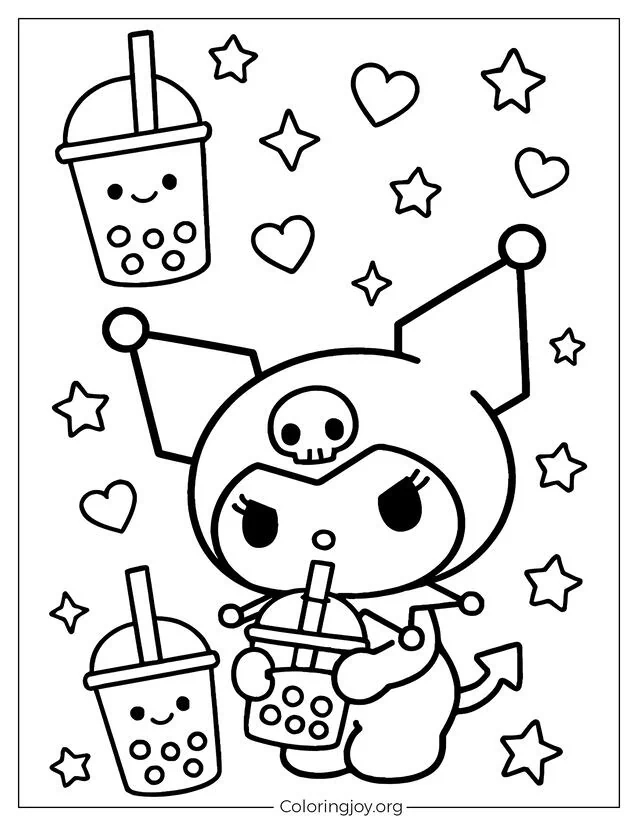 Färben Sie Kuromi auf dieser bezaubernden druckbaren Seite zum Thema Boba-Tee mit lächelnden Boba-Tassen, Herzen und Sternen für eine süße, kreative Zeit.