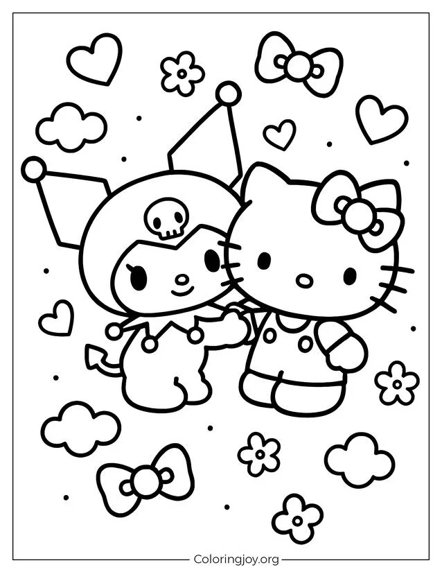 Färben Sie Kuromi und Hello Kitty auf dieser süßen druckbaren Seite voller Herzen, Schleifen, Wolken und Blumen für eine lustige Aktivität zum Thema Freundschaft.