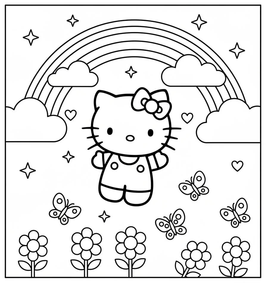 Hello Kitty Página para colorear de la escena del arco iris