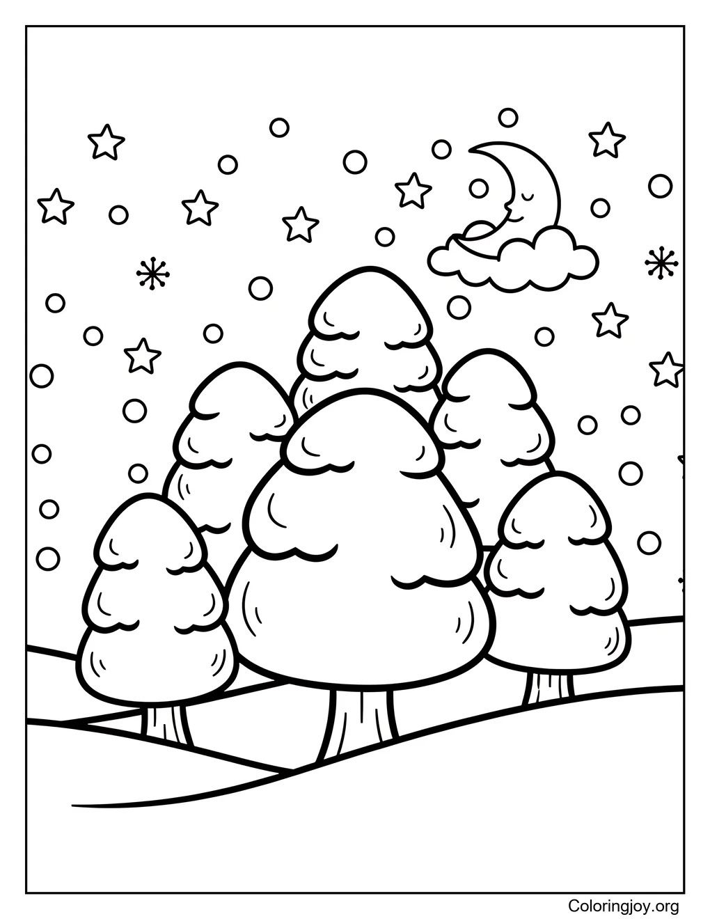 Winter Night Sky,Color stars, trees, and falling snow.