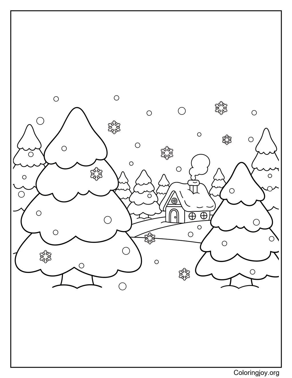 Snowy Wonderland,Color falling snow and a cozy cabin.