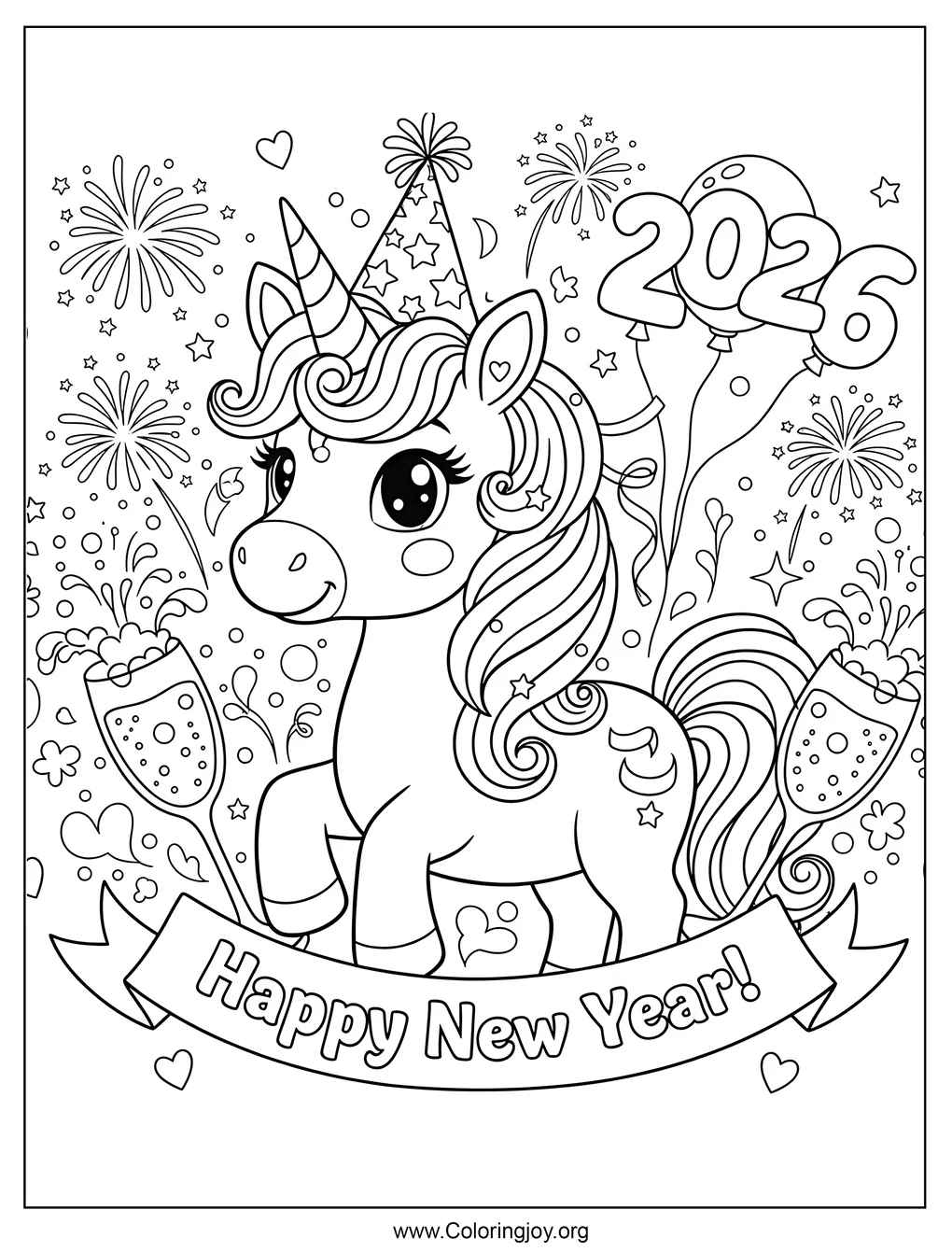 Licorne Nouvel An 2026 coloriage