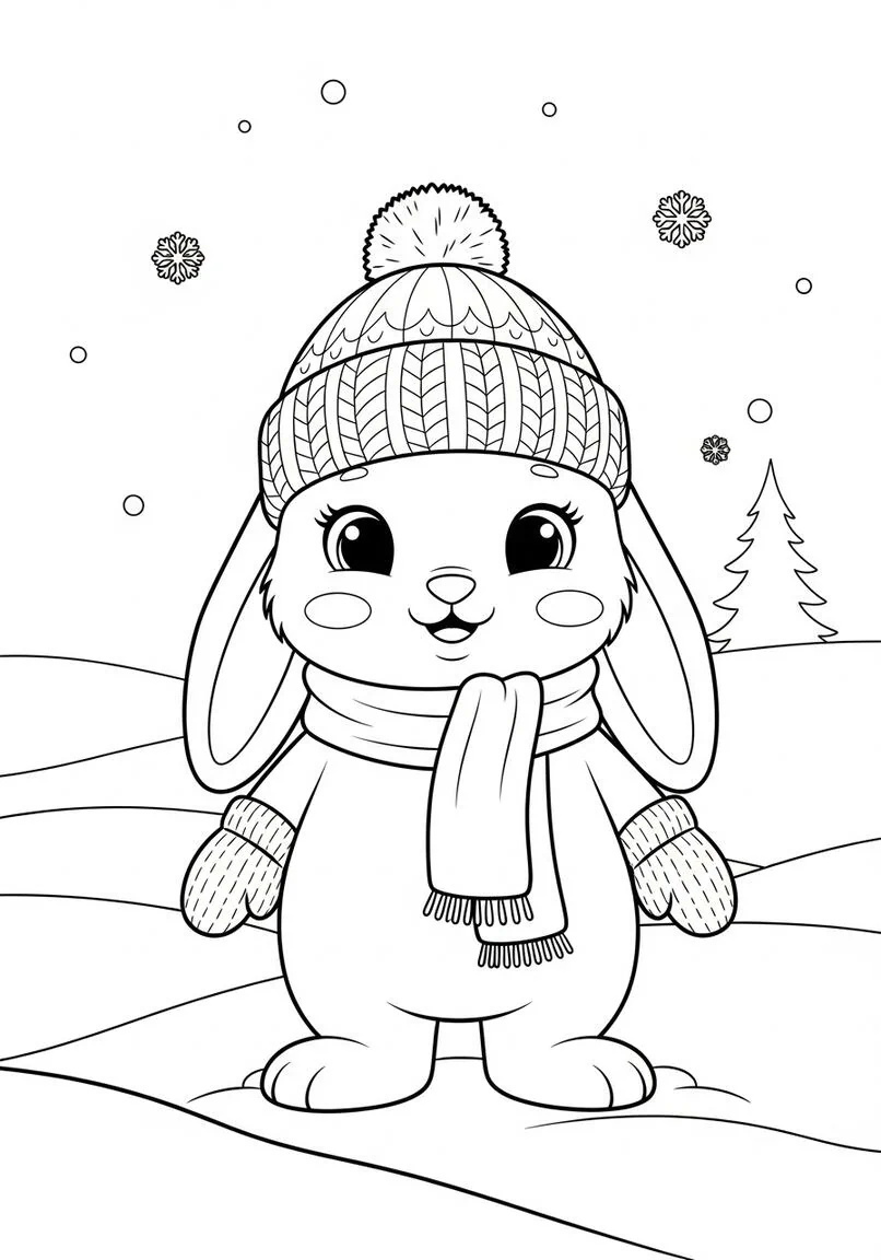 Adorable conejito de nieve con traje de invierno para colorear