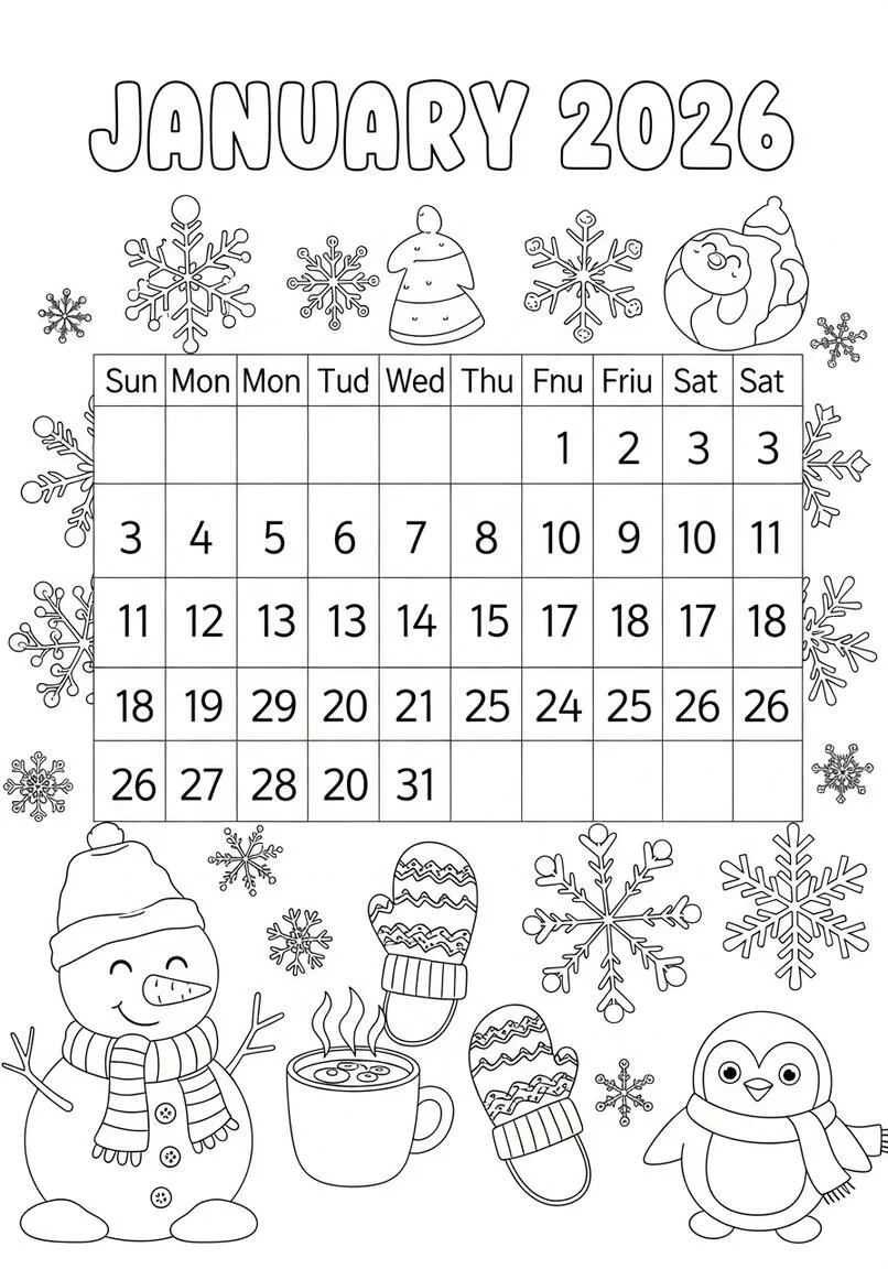 Acogedora agenda infantil de enero de 2026 con muñeco de nieve y pingüino