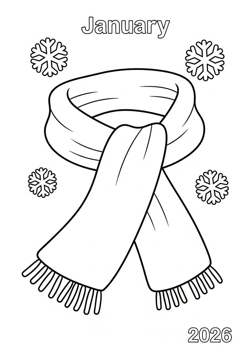Página para colorear acogedora bufanda de invierno y copos de nieve