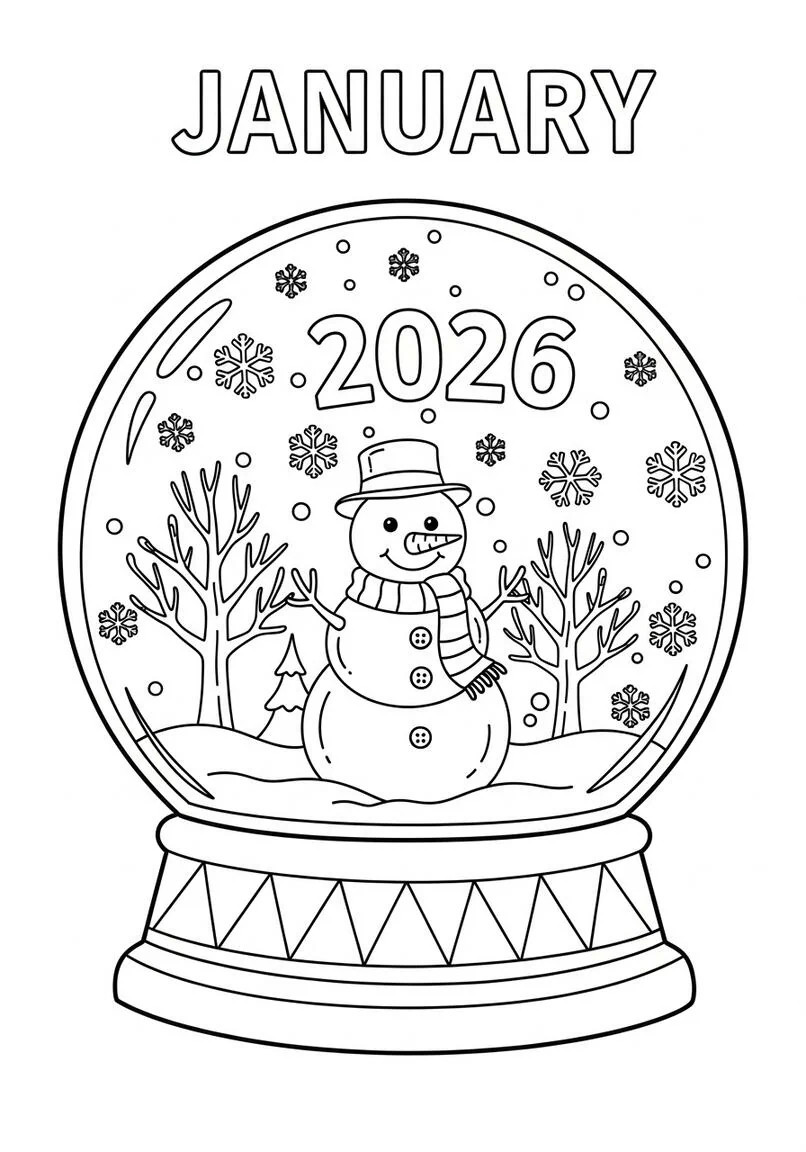 Caprichoso globo de nieve de enero con un simpático muñeco de nieve 2026