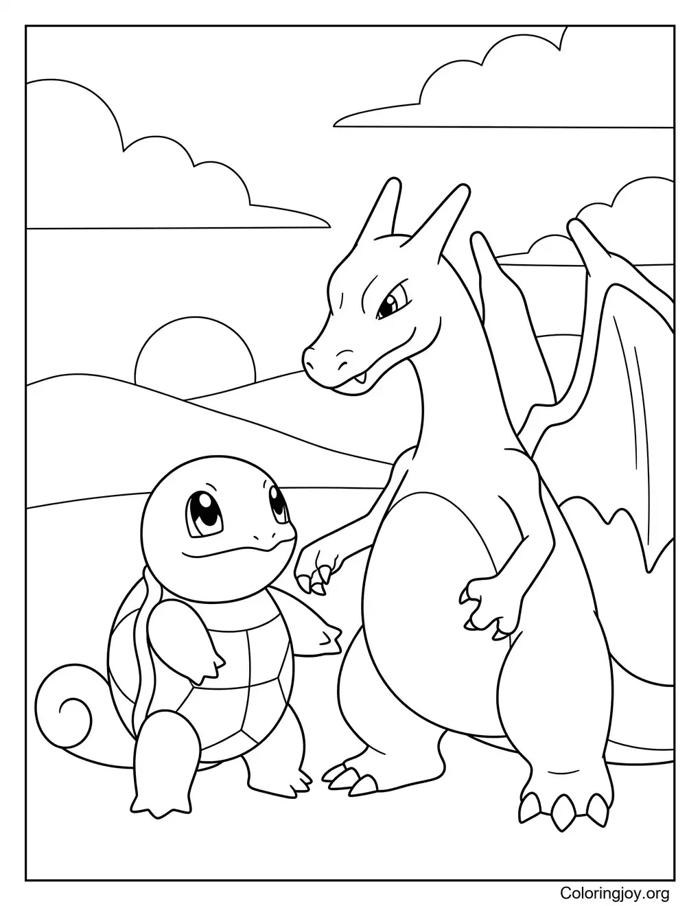 Feuille de coloriage sur le thème du crossover Charizard Carapuce