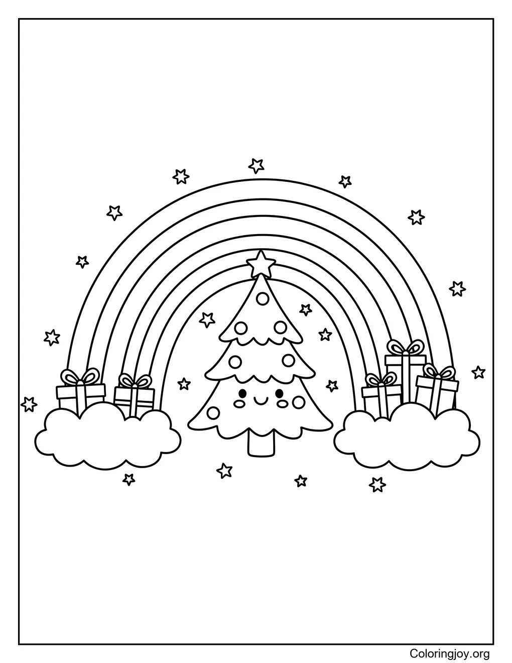 Niedlicher Weihnachtsregenbogen mit lächelndem Baum und Geschenken