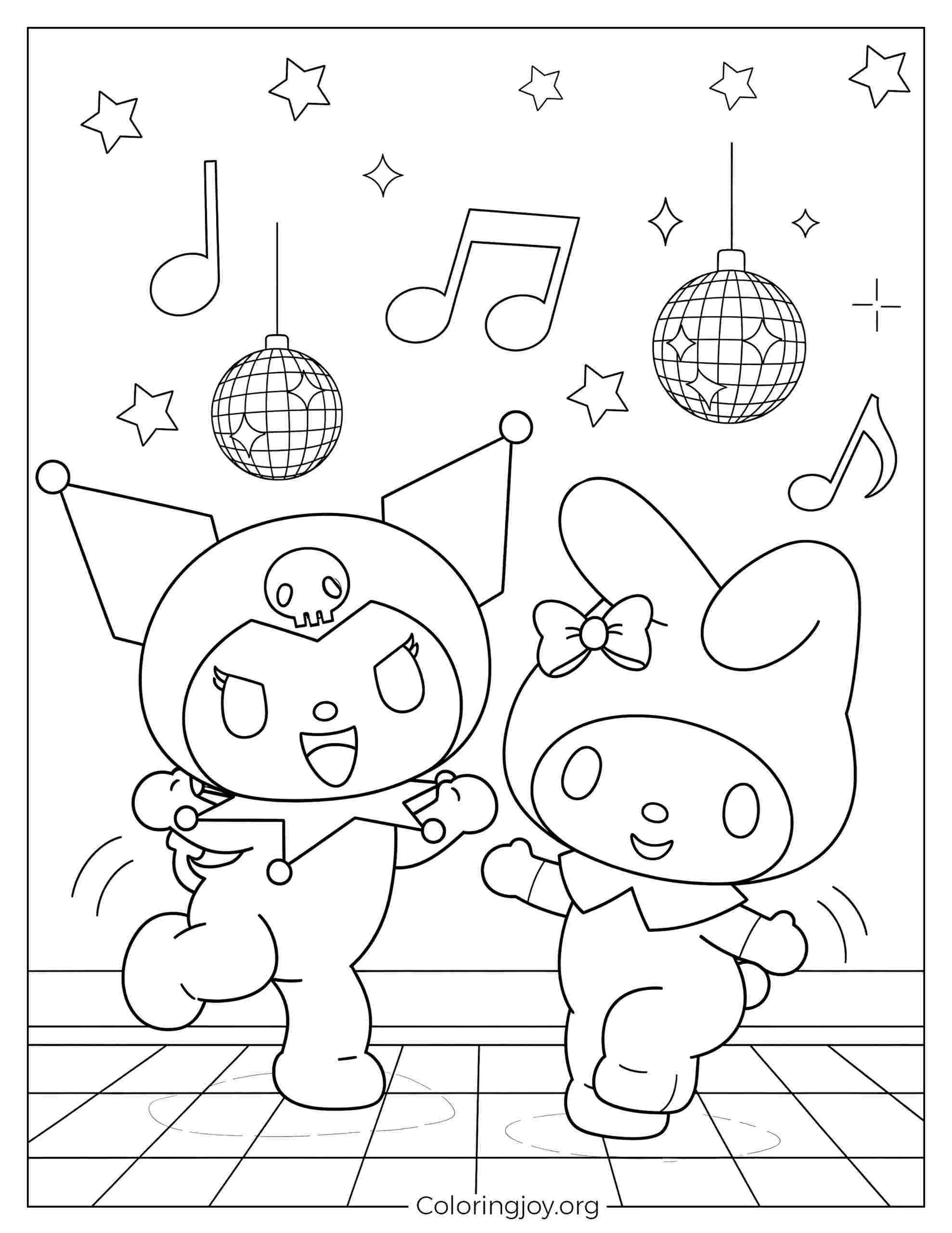 Kuromi und My Melody tanzen mit breitem Lächeln, Discostars und Musiknoten überall.