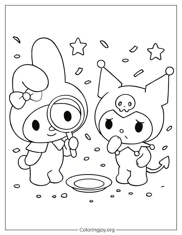 My Melody spielt Detektiv mit einer Lupe, während Kuromi neben einem leeren Kuchenteller schuldbewusst aussieht.